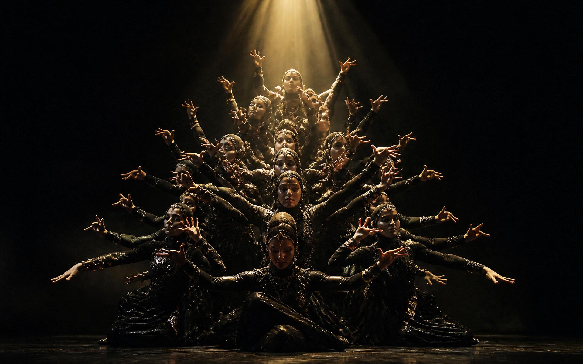 The Mayyas dance company on a dark stage, arms extended in a radiant fan of light